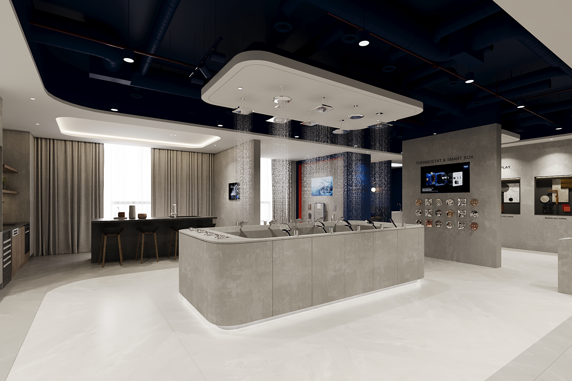 Không gian trưng bày thiết bị vệ sinh hiện đại với quầy bar và khu trải nghiệm sản phẩm